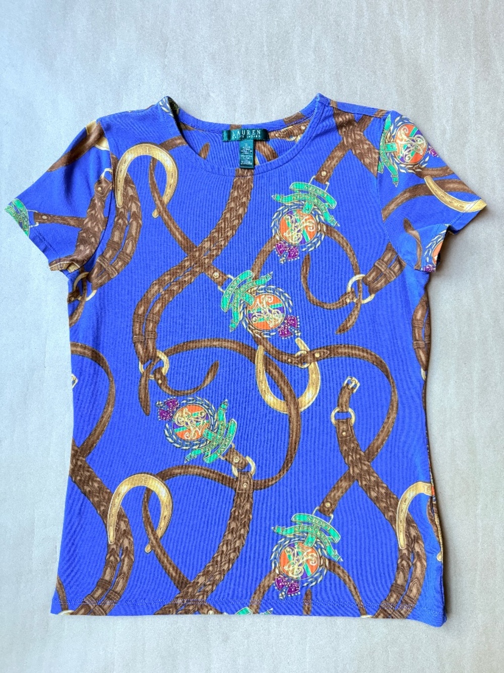 LAUREN RALPH LAUREN Blue Short Sleeve T-SHIRT TOP Size SMALL Equestrian Print